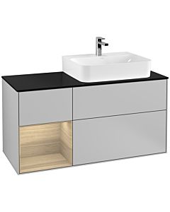 Villeroy und Boch Finion Waschtischunterschrank F142PCGJ 120cm, Abdeckplatte Glass Black Matt, Regal links Oak Veneer, Light grey matt