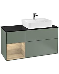 Villeroy und Boch Finion Waschtischunterschrank F142PCGM 120cm, Abdeckplatte Glass Black Matt, Regal links Oak Veneer, Olive Matt Lacquer