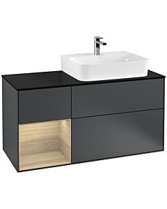 Villeroy und Boch Finion Waschtischunterschrank F142PCHG 120cm, Abdeckplatte Glass Black Matt, Regal links Oak Veneer, Midnight Blue Matt Lacquer