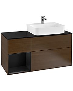 Villeroy und Boch Finion Waschtischunterschrank F142PDGN 120cm, Abdeckplatte Glass Black Matt, Regal links Black matt lacquer, Walnut veneer