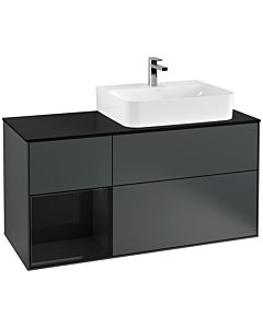 Villeroy und Boch Finion Waschtischunterschrank F142PHHG 120cm, Abdeckplatte Glass Black Matt, Regal links Glossy Black Lacquer, Midnight Blue Matt Lacquer