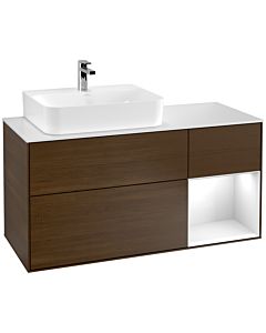 Villeroy und Boch Finion Villeroy und Boch F151GFGN 120cm, plaque de finition blanc mat, étagère à droite laqué blanc brillant, placage noyer