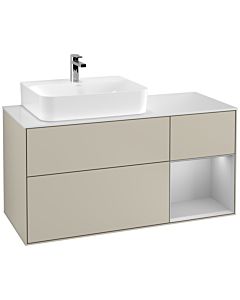 Villeroy und Boch Finion Waschtischunterschrank F151GJHH 120cm, Abdeckplatte white matt, Regal rechts Light grey matt, Sand Matt Lacquer