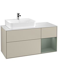 Villeroy und Boch Finion Villeroy und Boch F151GMHH 120cm, plaque de finition blanc mat, étagère à droite Olive Matt Lacquer , Sand Matt Lacquer