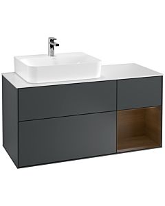 Villeroy und Boch Finion Waschtischunterschrank F151GNHG 120cm, Abdeckplatte white matt, Regal rechts Walnut veneer, Midnight Blue Matt Lacquer
