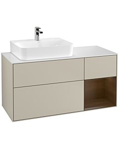 Villeroy und Boch Finion Waschtischunterschrank F151GNHH 120cm, Abdeckplatte white matt, Regal rechts Walnut veneer, Sand Matt Lacquer