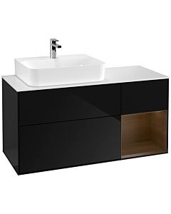 Villeroy und Boch Finion Waschtischunterschrank F151GNPH 120cm, Abdeckplatte white matt, Regal rechts Walnut veneer, Glossy Black Lacquer