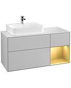 Villeroy und Boch Finion Villeroy und Boch F151HFGJ 120cm, plaque de recouvrement blanc mat, étagère droite or mat, gris clair mat