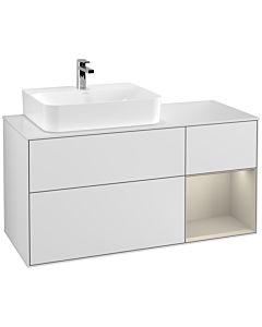 Villeroy und Boch Finion Waschtischunterschrank F151HHMT 120cm, Abdeckplatte white matt, Regal rechts Sand Matt, White matt lacquer