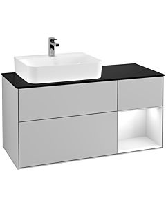 Villeroy und Boch Finion Waschtischunterschrank F152GFGJ 120cm, Abdeckplatte black matt, Regal rechts Glossy white lacquer, Light grey matt