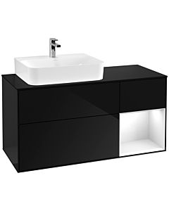 Villeroy und Boch Finion Villeroy und Boch F152GFPH 120cm, plaque de finition noir mat, étagère à droite Laque blanc brillant, Glossy Black Lacquer