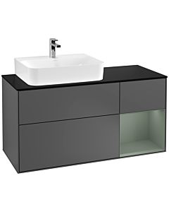 Villeroy und Boch Finion Waschtischunterschrank F152GMGK 120cm, Abdeckplatte black matt, Regal rechts Olive Matt Lacquer, Anthracite matt