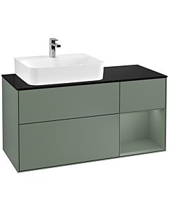 Villeroy und Boch Finion Waschtischunterschrank F152GMGM 120cm, Abdeckplatte black matt, Regal rechts Olive Matt Lacquer, Olive Matt Lacquer