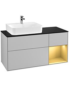 Villeroy und Boch Finion Waschtischunterschrank F152HFGJ 120cm, Abdeckplatte black matt, Regal rechts Gold matt, Light grey matt