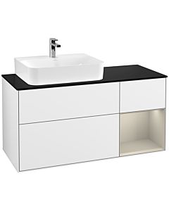 Villeroy und Boch Finion Waschtischunterschrank F152HHGF 120cm, Abdeckplatte black matt, Regal rechts Sand Matt, Glossy white lacquer