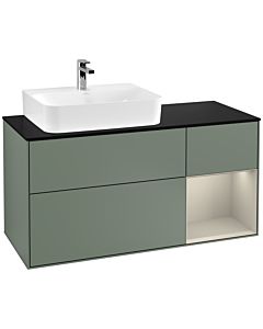 Villeroy und Boch Finion Waschtischunterschrank F152HHGM 120cm, Abdeckplatte black matt, Regal rechts Sand Matt, Olive Matt Lacquer
