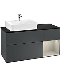 Villeroy und Boch Finion Waschtischunterschrank F152HHHG 120cm, Abdeckplatte black matt, Regal rechts Sand Matt, Midnight Blue Matt Lacquer