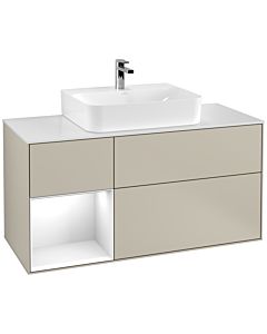 Villeroy und Boch Finion Villeroy und Boch F161GFHH 120cm, plaque de finition blanc mat, étagère gauche laqué blanc brillant, Sand Matt Lacquer