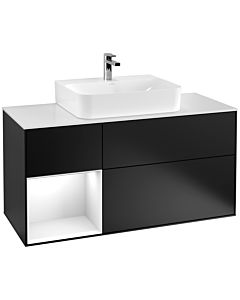 Villeroy und Boch Finion Waschtischunterschrank F161GFPD 120cm, Abdeckplatte white matt, Regal links Glossy white lacquer, Black matt lacquer
