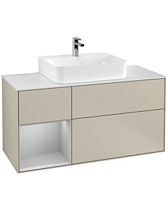 Villeroy und Boch Finion Villeroy und Boch F161GJHH 120cm, plaque de recouvrement blanc mat, étagère gauche gris clair mat, Sand Matt Lacquer