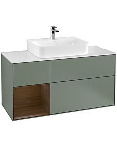 Villeroy und Boch Finion Waschtischunterschrank F161GNGM 120cm, Abdeckplatte white matt, Regal links Walnut veneer, Olive Matt Lacquer