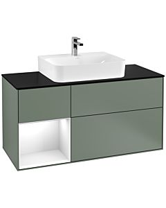 Villeroy und Boch Finion Waschtischunterschrank F162GFGM 120cm, Abdeckplatte black matt, Regal links Glossy white lacquer, Olive Matt Lacquer