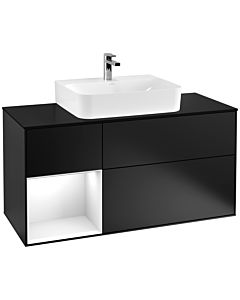 Villeroy und Boch Finion Waschtischunterschrank F162GFPD 120cm, Abdeckplatte black matt, Regal links Glossy white lacquer, Black matt lacquer