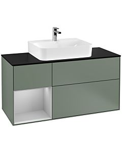 Villeroy und Boch Finion Waschtischunterschrank F162GJGM 120cm, Abdeckplatte black matt, Regal links Light grey matt, Olive Matt Lacquer