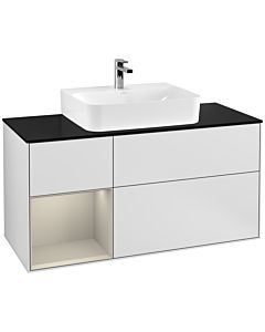 Villeroy und Boch Finion Waschtischunterschrank F162HHMT 120cm, Abdeckplatte black matt, Regal links Sand Matt Lacquer, White matt lacquer