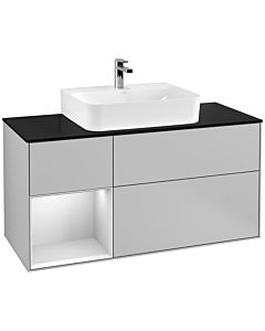 Villeroy und Boch Finion Villeroy und Boch F162MTGJ 120cm, plaque de finition noir mat, étagère gauche laqué blanc mat, gris clair mat