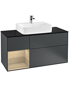 Villeroy und Boch Finion Waschtischunterschrank F162PCHG 120cm, Abdeckplatte black matt, Regal links Oak Veneer, Midnight Blue Matt Lacquer