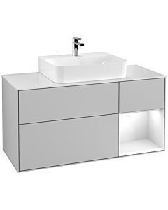 Villeroy und Boch Finion Villeroy und Boch F171GFGJ 120cm, plaque de recouvrement blanc mat, étagère à droite laqué blanc brillant, gris clair mat