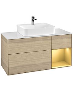 Villeroy und Boch Finion Waschtischunterschrank F171HFPC 120cm, Abdeckplatte white matt, Regal rechts Gold matt, Oak Veneer