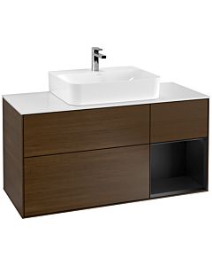 Villeroy und Boch Finion Waschtischunterschrank F171PDGN 120cm, Abdeckplatte white matt, Regal rechts Black matt lacquer, Walnut veneer