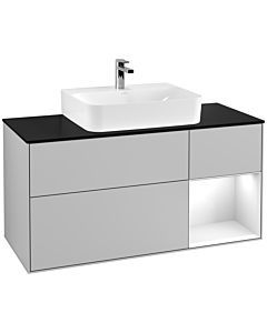 Villeroy und Boch Finion Waschtischunterschrank F172GFGJ 120cm, Abdeckplatte black matt, Regal rechts Glossy white lacquer, Light grey matt
