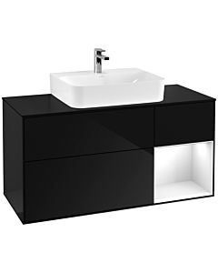 Villeroy und Boch Finion Villeroy und Boch F172GFPH 120cm, plaque de finition noir mat, étagère à droite Laque blanc brillant, Glossy Black Lacquer