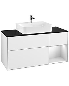 Villeroy und Boch Finion Villeroy und Boch F172MTGF 120cm, plaque de finition noir mat, étagère à droite laqué blanc mat, laqué blanc brillant