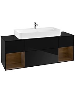Villeroy und Boch Finion Waschtischunterschrank F212GNPH 160cm, Abdeckplatte black matt, Regale Walnut veneer, Glossy Black Lacquer