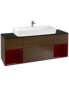Villeroy und Boch Finion Waschtischunterschrank F212HBGN 160cm, Abdeckplatte black matt, Regale Peony matt lacquer, Walnut veneer