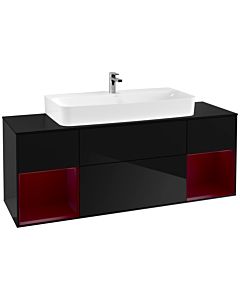 Villeroy und Boch Finion Waschtischunterschrank F212HBPH 160cm, Abdeckplatte black matt, Regale Peony matt lacquer, Glossy Black Lacquer
