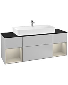 Villeroy und Boch Finion Waschtischunterschrank F212HHGJ 160cm, Abdeckplatte black matt, Regale sand matt lacquer, Light grey matt