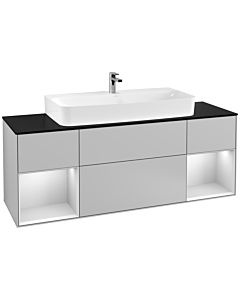 Villeroy und Boch Finion Waschtischunterschrank F212MTGJ 160cm, Abdeckplatte black matt, Regale White matt lacquer, Light grey matt