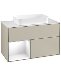 Villeroy und Boch Finion Villeroy und Boch F241GFHH 100x60,3cm, plaque de finition blanc mat, étagère gauche laqué blanc brillant, Sand Matt Lacquer