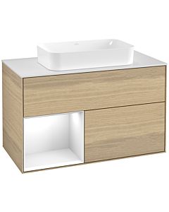 Villeroy und Boch Finion Villeroy und Boch F241GFPC 100x60,3cm, plaque de finition blanc mat, étagère gauche laqué blanc brillant, Oak Veneer