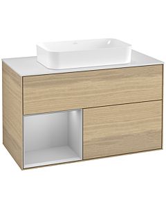 Villeroy und Boch Finion Waschtischunterschrank F241GJPC 100x60,3cm, Abdeckplatte white matt, Regal links Light grey matt, Oak Veneer