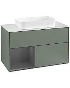 Villeroy und Boch Finion Waschtischunterschrank F241GKGM 100x60,3cm, Abdeckplatte white matt, Regal links Anthracite matt, Olive Matt Lacquer