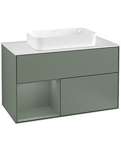 Villeroy und Boch Finion Waschtischunterschrank F241GMGM 100x60,3cm, Abdeckplatte white matt, Regal links Olive Matt Lacquer, Olive Matt Lacquer