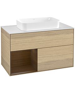 Villeroy und Boch Finion Waschtischunterschrank F241GNPC 100x60,3cm, Abdeckplatte white matt, Regal links Walnut veneer, Oak Veneer