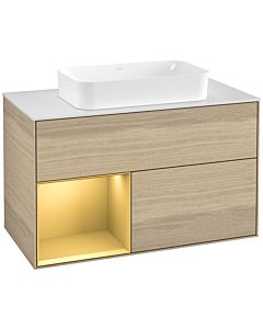 Villeroy und Boch Finion Villeroy und Boch F241HFPC 100x60.3cm, plaque de finition blanc mat, étagère gauche or mat, Oak Veneer