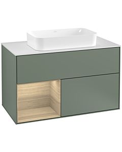Villeroy und Boch Finion Waschtischunterschrank F241PCGM 100x60,3cm, Abdeckplatte white matt, Regal links Oak Veneer, Olive Matt Lacquer